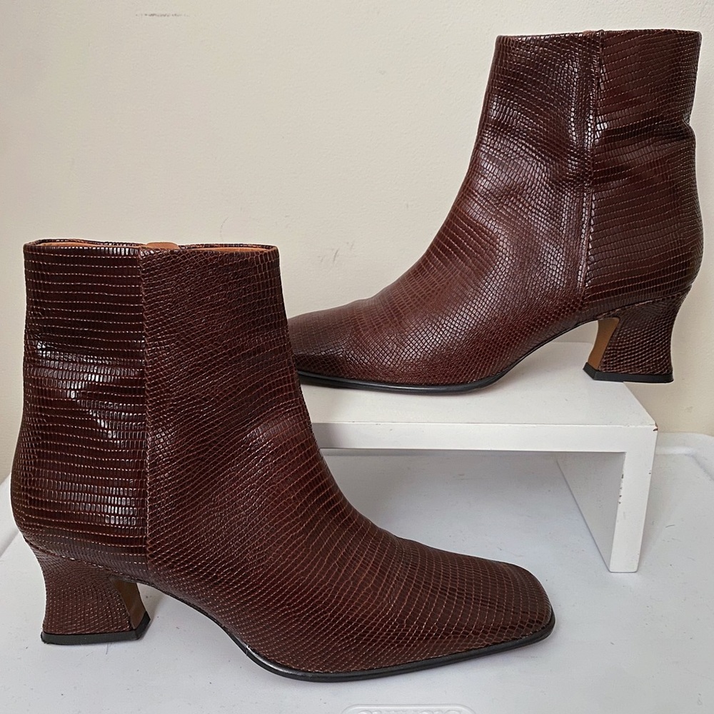 BY FAR Naomi Brown Lizard Leather Square Toe Ankle Boots 41 11 Handmade Italy